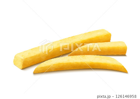 French fries. Roasted potato chips in deep fat fry oil potatoes. Yellow sticks, isolated on white background. Fastfood. Unhealthy tasty food. Horizontal banner. Realistic 3d vector illustration. 126146958