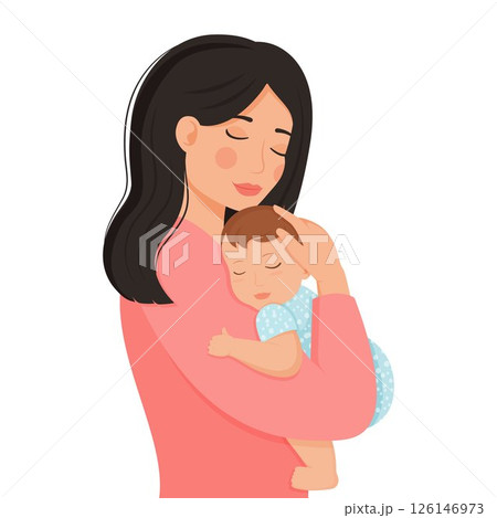 Young mother holds her son with care and love. Happy Mothers Day concept with mom and small boy. Vector illustration. Modern flat style Young mother holds her son with care and love. Happy Mothers Day concept with mom and small boy. Vector illustration. Modern flat style 126146973