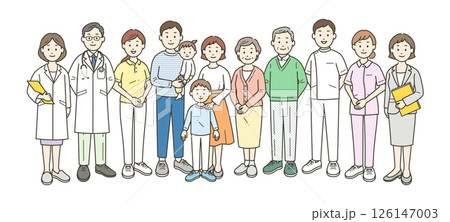 高齢者夫婦と家族と医師と看護師と介護士とケアマネージャー栄養士が集合した全身イラスト 高齢者夫婦と家族と医師と看護師と介護士とケアマネージャー栄養士が集合した全身イラスト 126147003