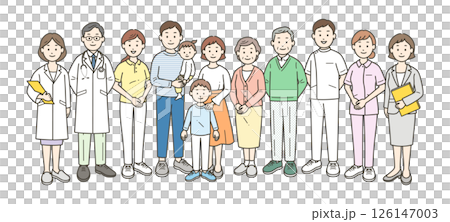 高齢者夫婦と家族と医師と看護師と介護士とケアマネージャー栄養士が集合した全身イラスト 高齢者夫婦と家族と医師と看護師と介護士とケアマネージャー栄養士が集合した全身イラスト 126147003