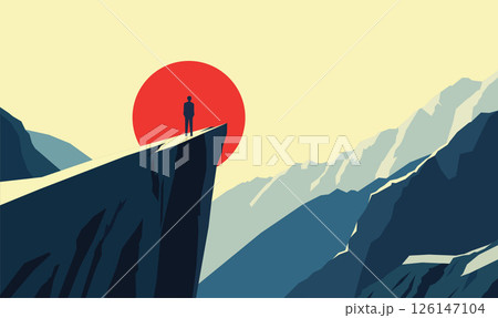 Man Silhouette Standing on Rocky Cliff Top Landscape as Success Symbol with Sun in the Morning 126147104