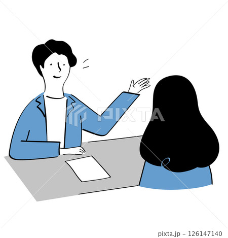 机に座って、説明する男性社員と相談する女性 線画イラスト 机に座って、説明する男性社員と相談する女性 線画イラスト 126147140