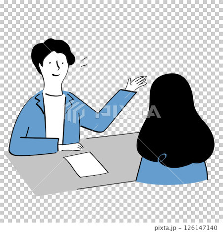 机に座って、説明する男性社員と相談する女性 線画イラスト 机に座って、説明する男性社員と相談する女性 線画イラスト 126147140