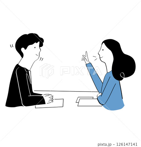 机に座って、相談を受ける男性社員と相談する女性 線画イラスト 机に座って、相談を受ける男性社員と相談する女性 線画イラスト 126147141