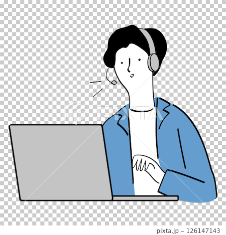 A man having an online conversation in front of a laptop computer Line drawing illustration 126147143