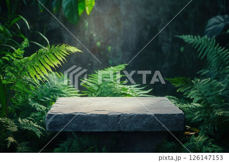 Stone podium surrounded by lush green ferns in a forest with sunlight filtering through 126147153