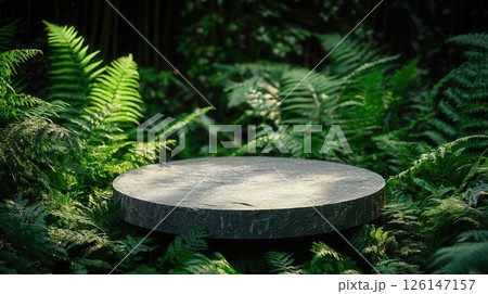Stone podium surrounded by lush green ferns in a forest with sunlight filtering through 126147157