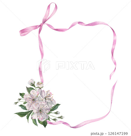 Rectangular ribbon frame with a bow and white cherry blossoms, leaves, buds. Hand drawn watercolor illustration with a curly satin ribbon on isolated background. Ideal for elegant wedding invitations. 126147199