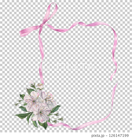Rectangular ribbon frame with a bow and white cherry blossoms, leaves, buds. Hand drawn watercolor illustration with a curly satin ribbon on isolated background. Ideal for elegant wedding invitations. Rectangular ribbon frame with a bow and white cherry blossoms, leaves, buds. Hand drawn watercolor illustration with a curly satin ribbon on isolated background. Ideal for elegant wedding invitations. 126147199