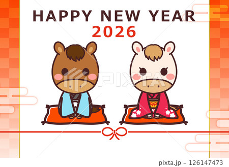 2026年 令和8年　年賀状素材　かわいい馬のキャラクター男女 126147473