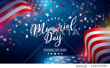 Memorial Day of the USA Vector Illustration with American Flag on Falling Colorful Star Background. National Veteran Patriotic Celebration Design with Typography Lettering for Banner, Flyer, Greeting Memorial Day of the USA Vector Illustration with American Flag on Falling Colorful Star Background. National Veteran Patriotic Celebration Design with Typography Lettering for Banner, Flyer, Greeting 126147485