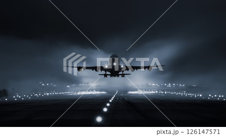 夜の滑走路を力強く離陸する旅客機と濃霧の演出 126147571