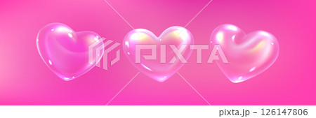 3d glossy shiny soap bubbles heart shapes on pink 126147806