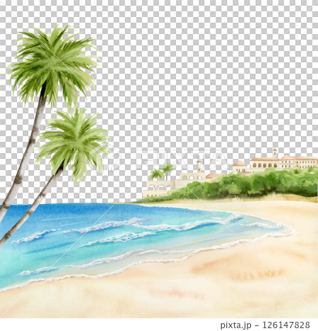 Mediterranean coastal landscape watercolor illustration isolated on white. Palm trees on ocean shore or beach for tropical summer vacation and travel designs. Spa resort hand drawn clip art Mediterranean coastal landscape watercolor illustration isolated on white. Palm trees on ocean shore or beach for tropical summer vacation and travel designs. Spa resort hand drawn clip art 126147828