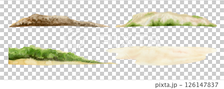 Summer ocean nature landscape elements, watercolor isolated illustration set. Tropical nature seascape with beach sand, mountains, seashore stones and bushes on islands. Coastal clip art Summer ocean nature landscape elements, watercolor isolated illustration set. Tropical nature seascape with beach sand, mountains, seashore stones and bushes on islands. Coastal clip art 126147837