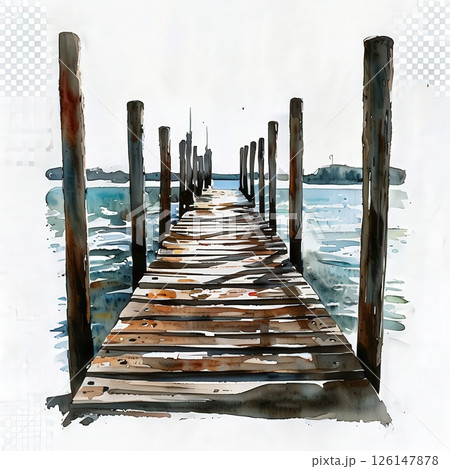 an AI Image Generator, Serene Wooden Pier Over Water at Sunset 126147878