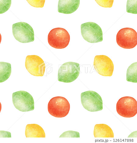 Seamless watercolor pattern with lemons, lime, citrus fruits, isolated food illustration. 126147898