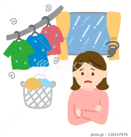 雨の日の洗濯物に困っている女性 126147976