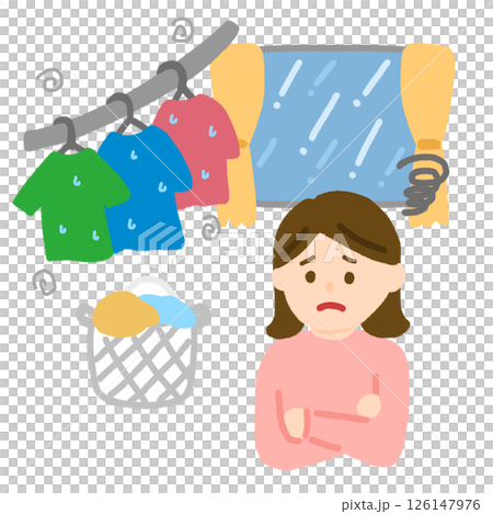 雨の日の洗濯物に困っている女性 126147976