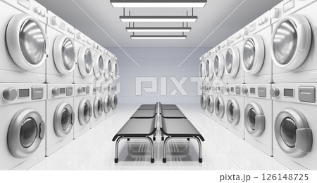 Public laundry room interior perspective. Render realistic laundromat with washing machine and dryer rows, chairs, lamps, tile wall and floor. Self service launderette, dry cleaning. 3D illustration 126148725