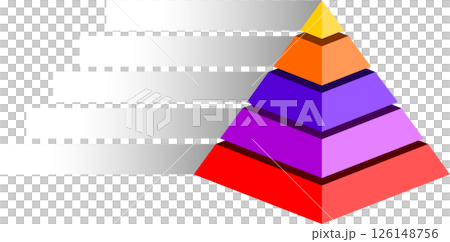 Infographic of red with orange with purple and yellow stepped geometric design, Pyramid shape five layers for creating stacked appearance typical of hierarchical or organizational chart Infographic of red with orange with purple and yellow stepped geometric design, Pyramid shape five layers for creating stacked appearance typical of hierarchical or organizational chart 126148756