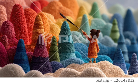 Artist painting colorful stylized trees in a dreamlike landscape Artist painting colorful stylized trees in a dreamlike landscape 126148812