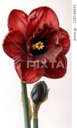 Red amaryllis flower blooming with closed bud and golden leaf 126148841