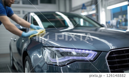 Car detailer cleaning modern vehicle with microfiber cloth 126148882