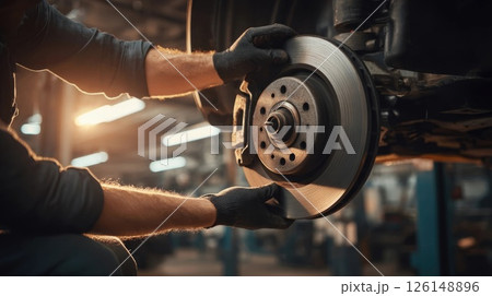 Auto mechanic replacing brake disc of car in garage 126148896