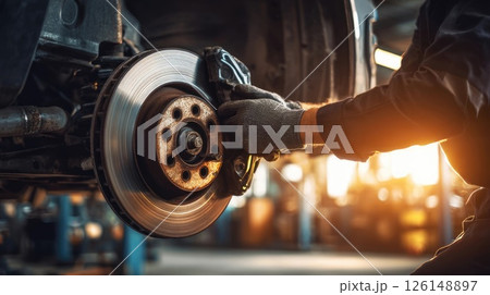 Mechanic working on car brake pads replacement in auto repair shop 126148897