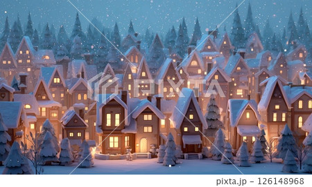 Snow falling on cozy illuminated christmas village at night 126148968