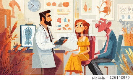 Doctor explaining diagnosis to patient and relative in medical office 126148979