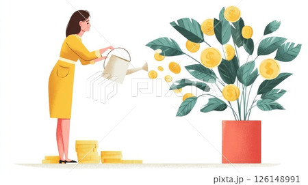 Businesswoman watering money plant growing golden coins investment Businesswoman watering money plant growing golden coins investment 126148991