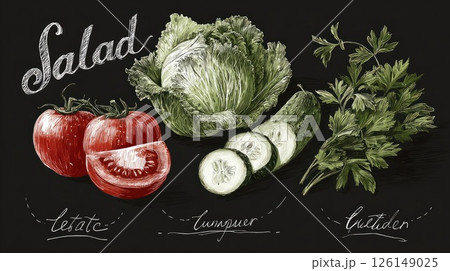 Fresh salad ingredients drawn on blackboard, lettuce, tomatoes, cucumber and parsley 126149025