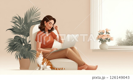 Woman working from home with cat and plants enjoying cozy atmosphere 126149043