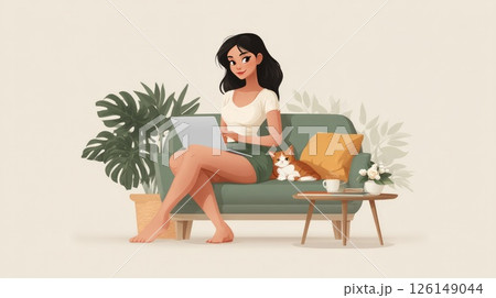 Freelancer working from home with laptop and cat on sofa 126149044