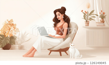 Freelancer working from home with laptop and cat 126149045