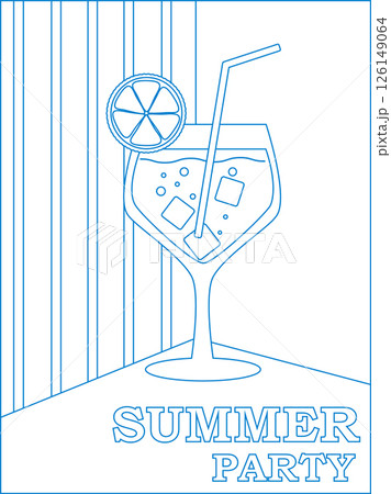 Cocktail with fruits in glasses. Summer party, cocktail party, night club. Set of flat posters, labels. Pattern of hand-drawn lines blue and white. 126149064