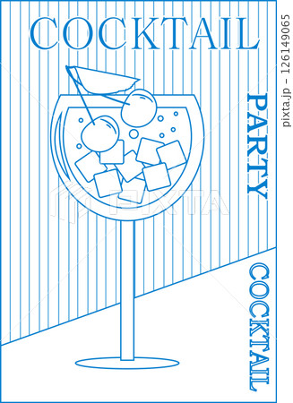 Cocktail with fruits in glasses. Summer party, cocktail party, night club. Set of flat posters, labels. Pattern of hand-drawn lines blue and white. Cocktail with fruits in glasses. Summer party, cocktail party, night club. Set of flat posters, labels. Pattern of hand-drawn lines blue and white. 126149065