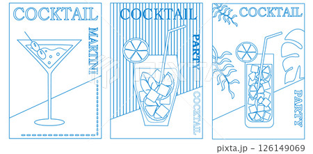 Cocktail with fruits in glasses. Summer party, cocktail party, night club. Set of flat posters, labels. Pattern of hand-drawn lines blue and white. 126149069