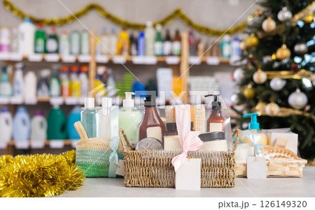 There are present, consist of shampoo, shower gel, liquid hand soap on New Year Eve in shop There are present, consist of shampoo, shower gel, liquid hand soap on New Year Eve in shop 126149320