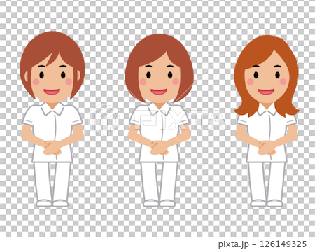 A smiling female nurse in a white uniform with her hands folded in front of her A smiling female nurse in a white uniform with her hands folded in front of her 126149325
