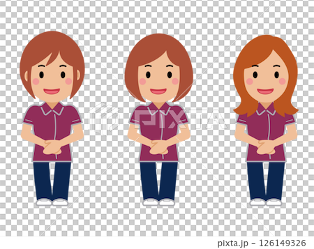 A female nurse in a maroon uniform smiling with her hands folded in front of her A female nurse in a maroon uniform smiling with her hands folded in front of her 126149326