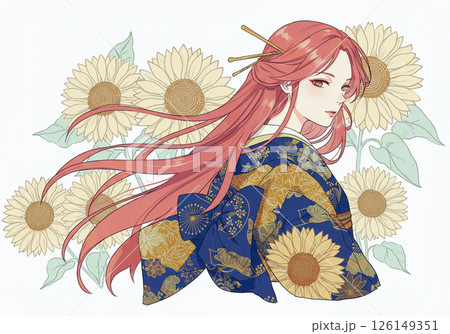和美人＆ひまわりのイラスト 126149351