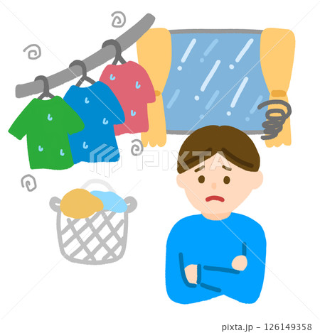 雨の日の洗濯物に困る男性 126149358
