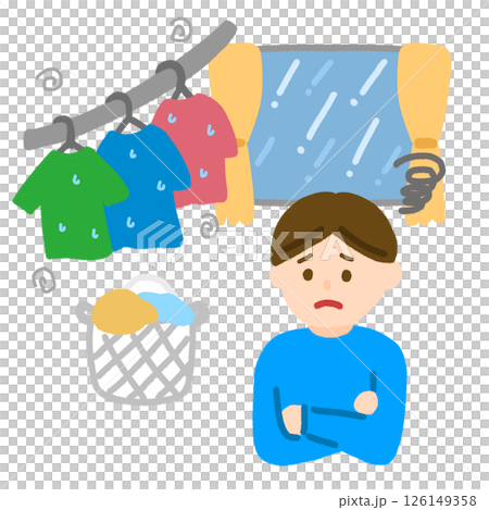 雨の日の洗濯物に困る男性 126149358