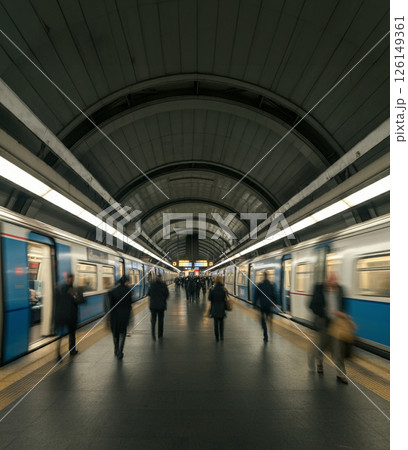 Busy Subway Platform with Commuters in Motion Busy Subway Platform with Commuters in Motion 126149361