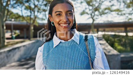 Portrait, business and woman with smile, outdoor and confident personality with financial advisor. Happy person, pride or employee with break, morning commute and career ambition with economy analyst 126149416