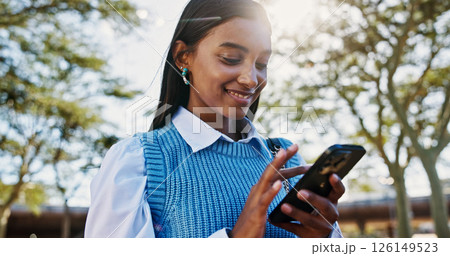 Business, smile and woman with smartphone, outdoor and contact with connection, email or text. Happy person, internet or employee in city, cellphone or digital app for online chatting or social media Business, smile and woman with smartphone, outdoor and contact with connection, email or text. Happy person, internet or employee in city, cellphone or digital app for online chatting or social media 126149523