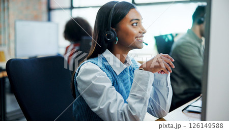 Smile, woman and headset with computer at call centre for customer service, contact us and advisor. Female person, consultant and online assistance for crm advice, information and help with procedure 126149588